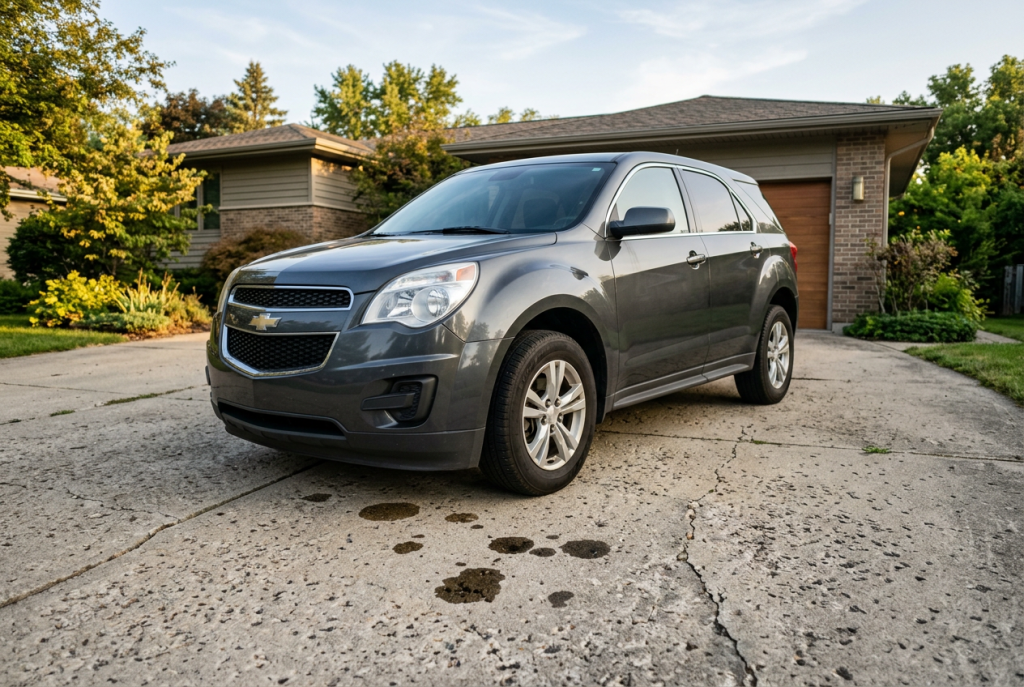 Rendered image of a 2010-2013 Chevrolet Equinox with oil drips under the engine